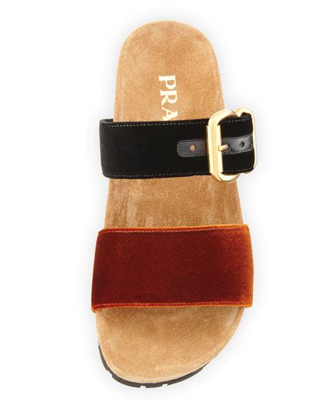 prada double-strap flat velvet slide sandal|Prada Double.